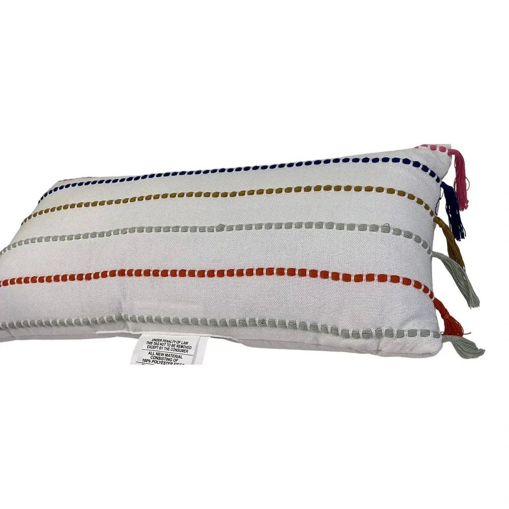 Threshold Running Lines Lumbar Throw Pillow 12x24 White Multicolor Tassels